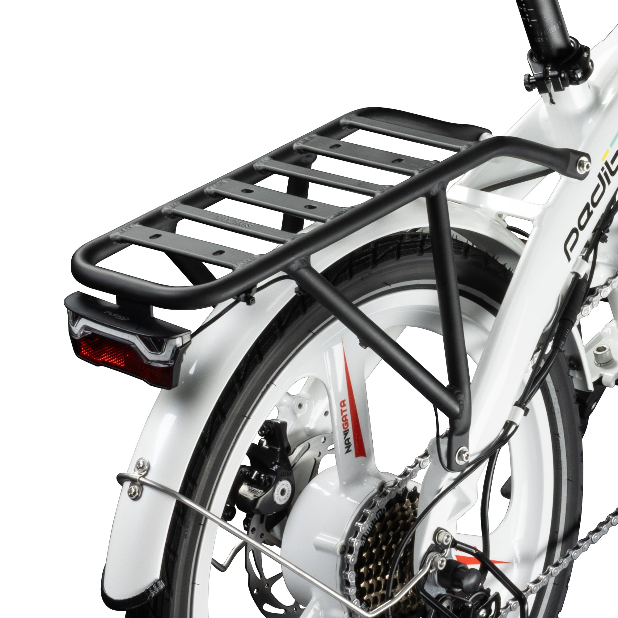 Pedibal Navigata Bespoke Rear Pannier Rack installed on white Navigata