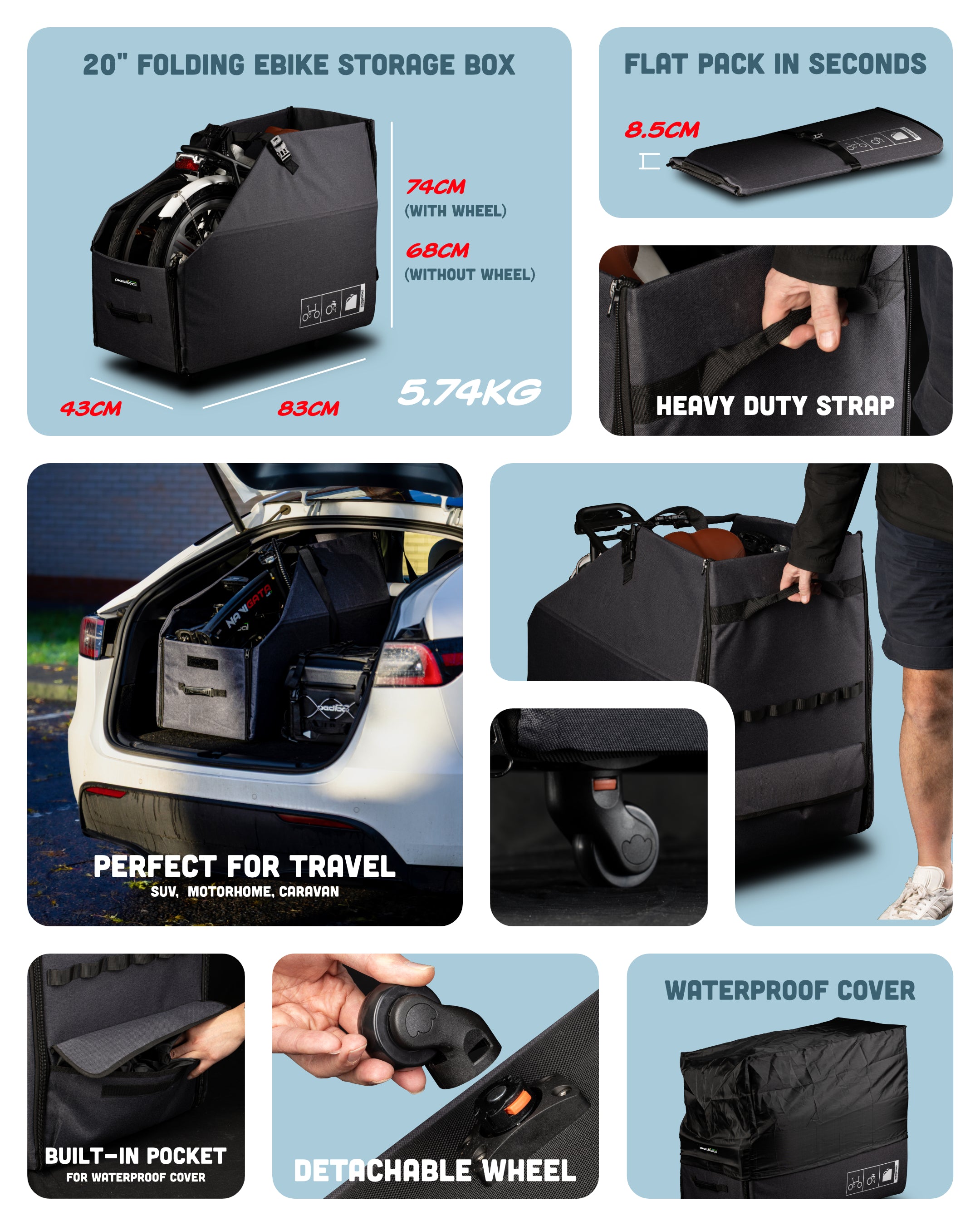 Pedibal 20″ Portable Folding eBike Storage Box – Flat‑Pack Design with Removable Wheels